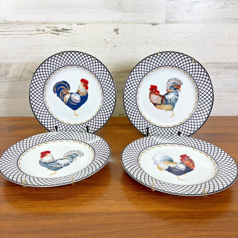 Andrea by Sadek Rooster Hand Painted Porcelain Plates Wall Decor Complete Set 4